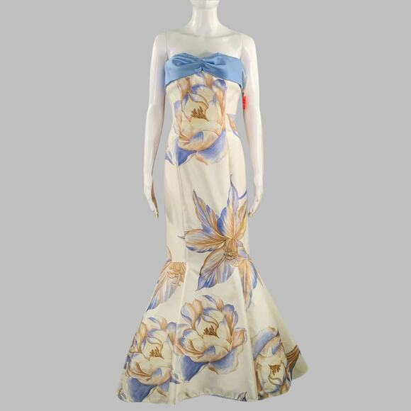 RIZIK BROS. Size 6 Cream Blue Tan Silk Floral Shawl Strapless Gown - Picture 2 of 10